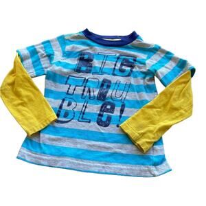 FabKids Boys Shirt Sz 3 XS Big Trouble Layered Look Striped Tee Blue Gray Yellow